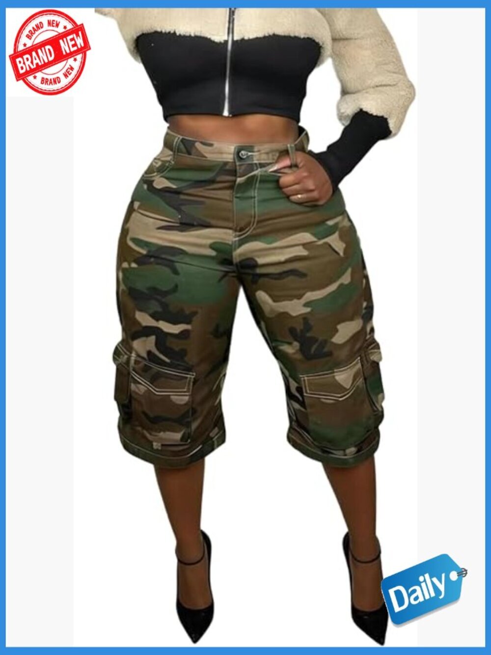 High Waisted Utility Cargo Bermuda Shorts with Pockets